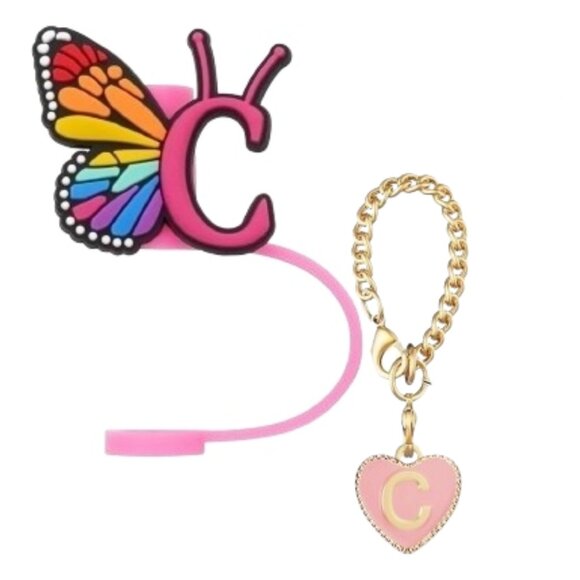 Butterfly and Heart Charm Drink Straw Cover Initial C - Picture 2 of 2